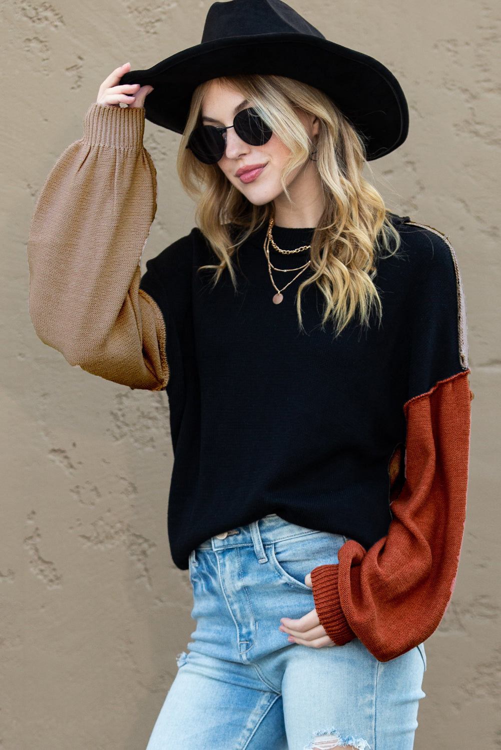 Bishop Sleeve Exposed Seam Ribbed Trim Sweater - Cowaa
