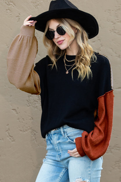 Bishop Sleeve Exposed Seam Ribbed Trim Sweater - Cowaa