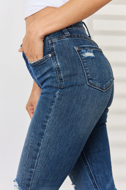 Judy Blue Full Size Mid Waist Distressed Slim Jeans - Cowaa
