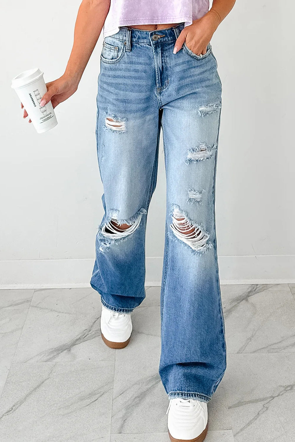 Myosotis Mid Rise Distressed Straight Leg Jeans