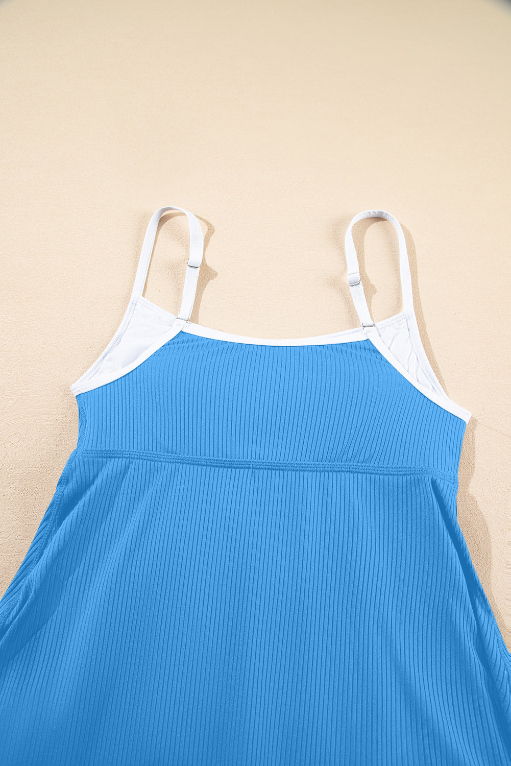 Rose Red Color Block Edge Ribbed Pocketed Lined Swim Dress