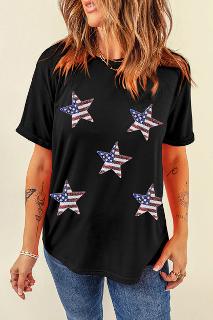 Sequin American Flag Star Graphic T Shirt - Cowaa