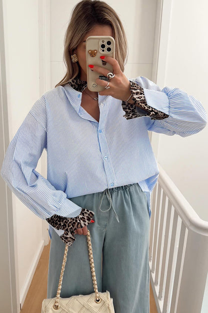 Sky Blue Stripe Ruffled Leopard Patchwork Long Sleeve Button Down Loose Shirt.