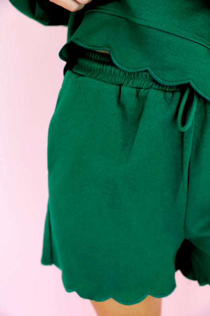 Blackish Green Embroidered Scallop Trim Half Button Pullover Casual Shorts Set.