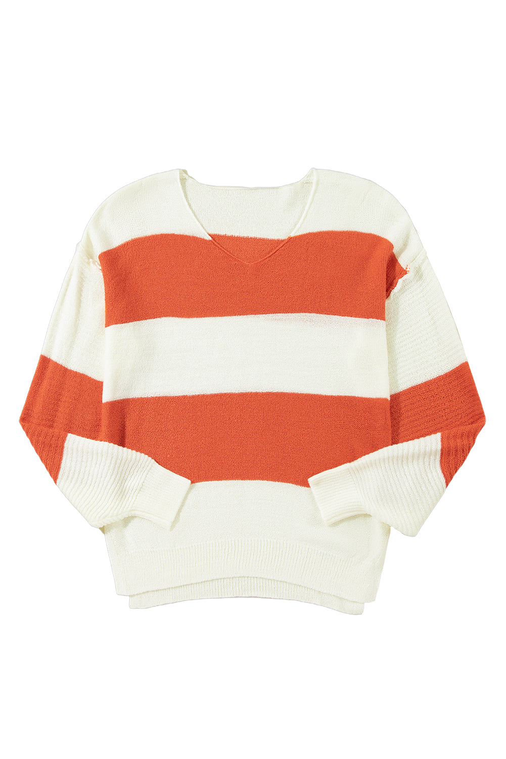 Red Stripe Colorblock V Neck Side Slits Sweater - Cowaa
