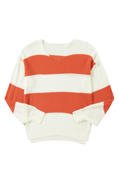 Red Stripe Colorblock V Neck Side Slits Sweater - Cowaa