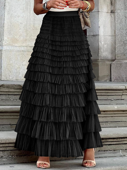 Mesh Flared Layered Hem Midi Skirt High Waist Pleated A Line - Cowaa