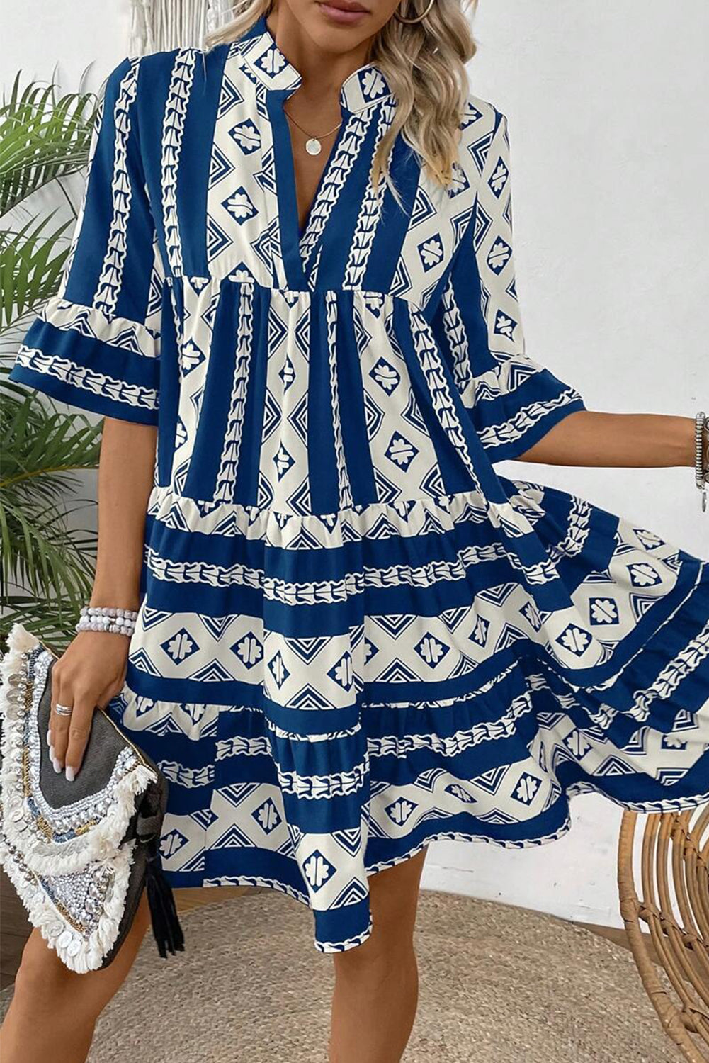 Black Abstract Print Bell Sleeve V Neck Boho Dress - Cowaa