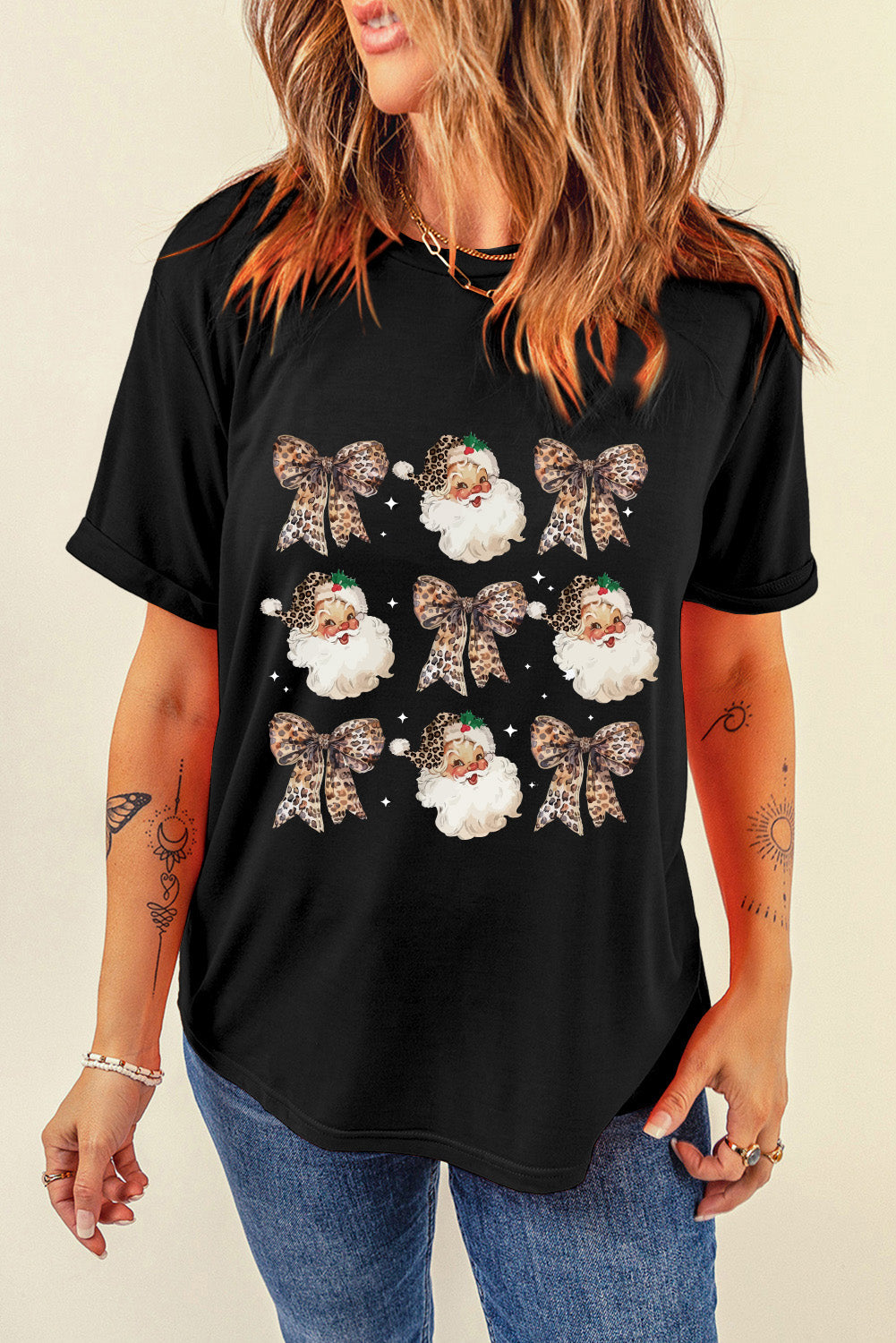 Black Santa Claus Leopard Bow Heat Transfer Printing Crew Neck Casual T Shirt - Cowaa