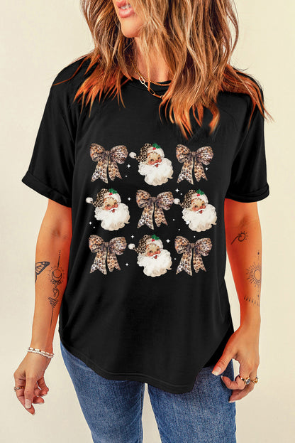 Black Santa Claus Leopard Bow Heat Transfer Printing Crew Neck Casual T Shirt - Cowaa