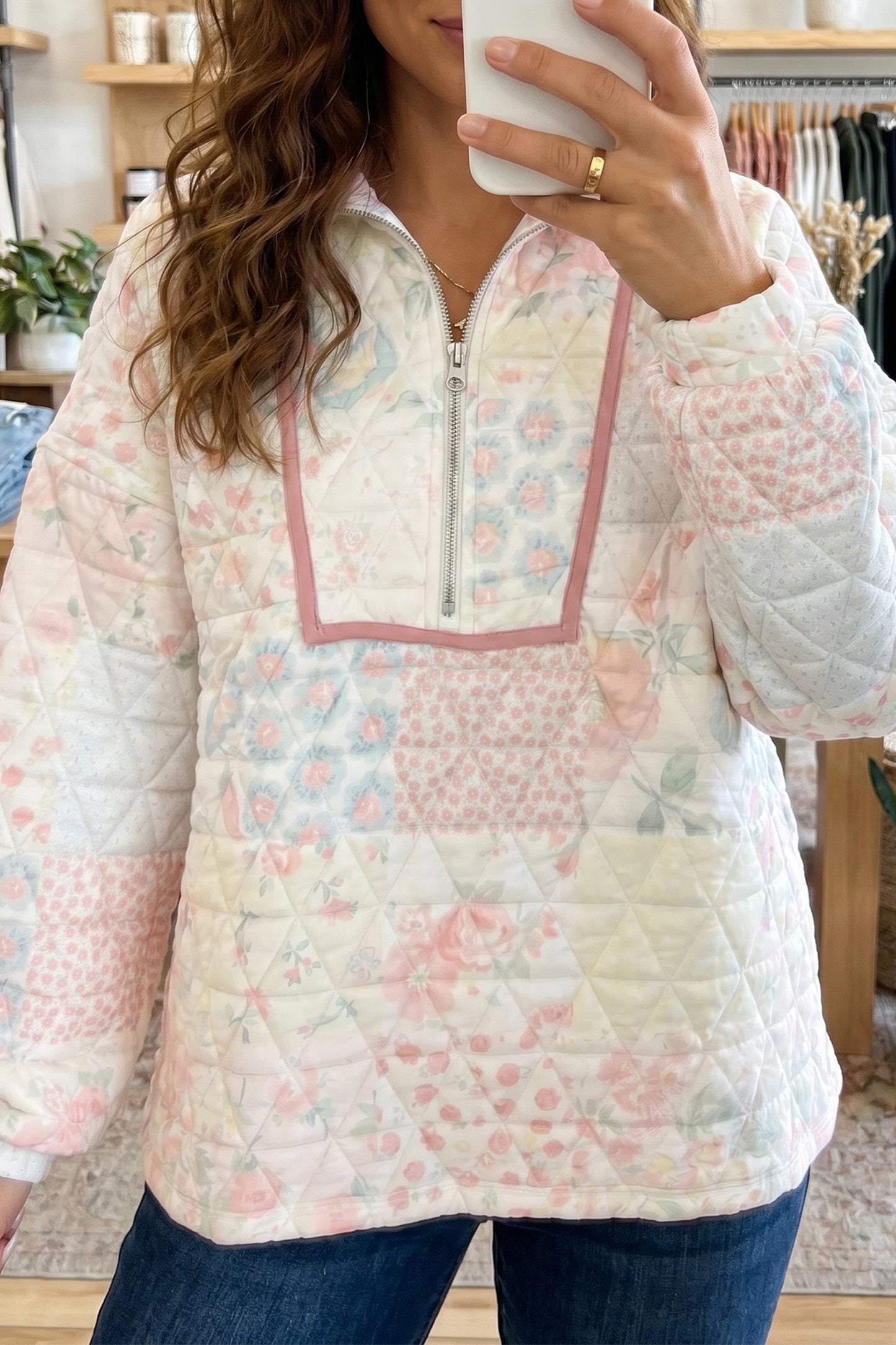 Multicolour Floral Quilted Metal Zipper Collar Long Sleeve Sweatshirt