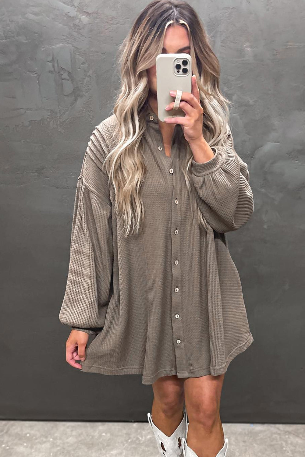 Simply Taupe Waffle Knit Shirt Tunic Mini Dress - Cowaa
