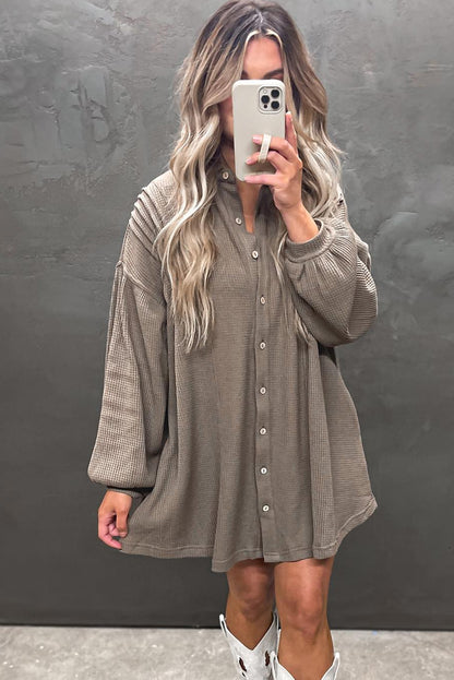 Simply Taupe Waffle Knit Shirt Tunic Mini Dress - Cowaa