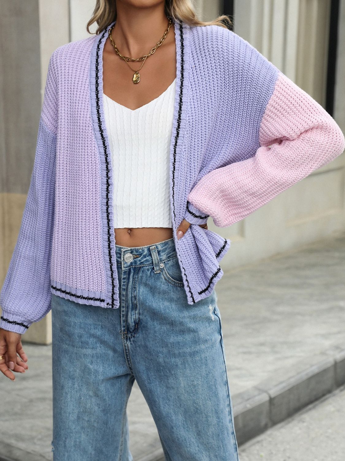 Contrast Open Front Long Sleeve Cardigan - Cowaa