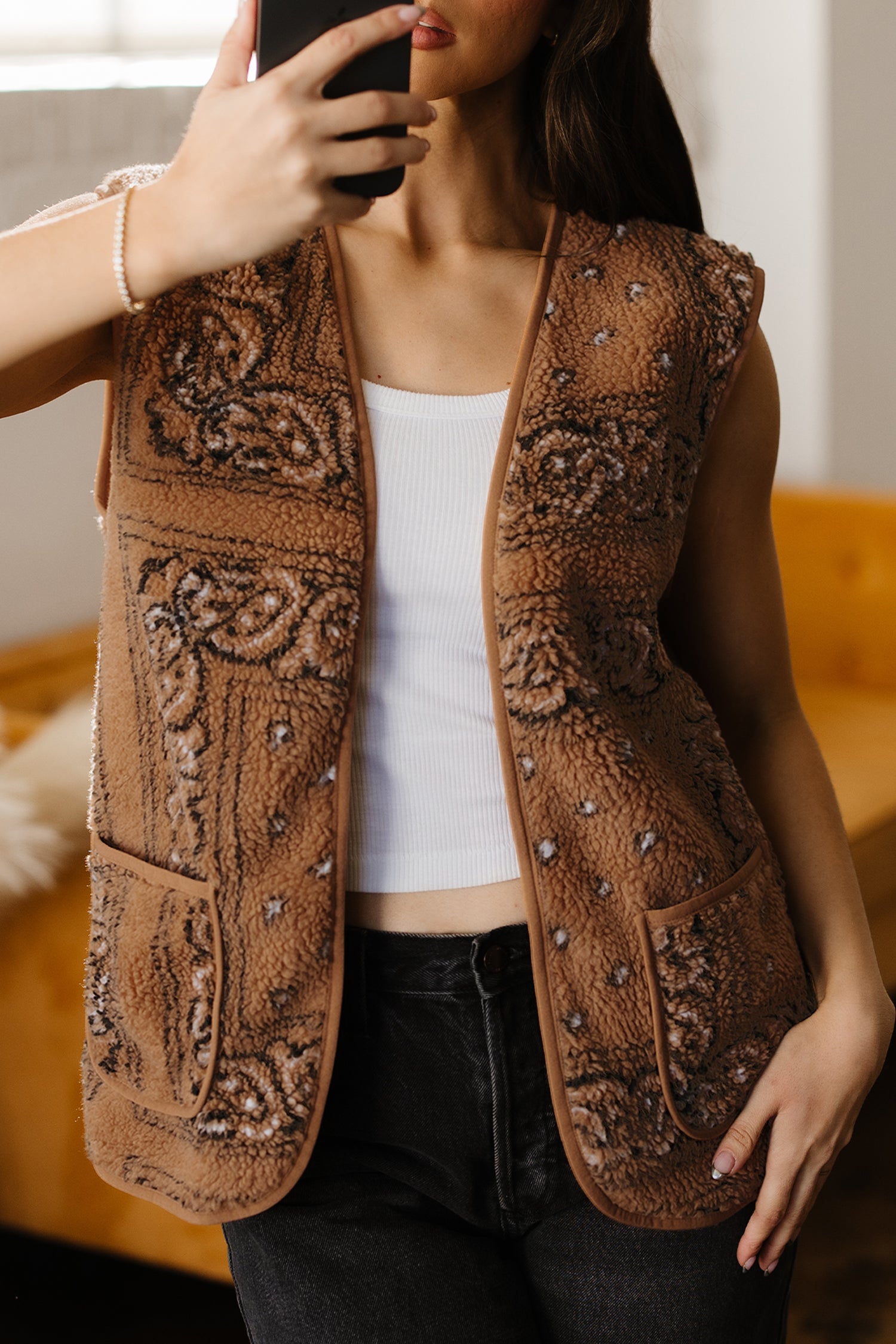 Brown Sherpa Paisley Print Pocketed Western Fashion Vest Jacket - Cowaa