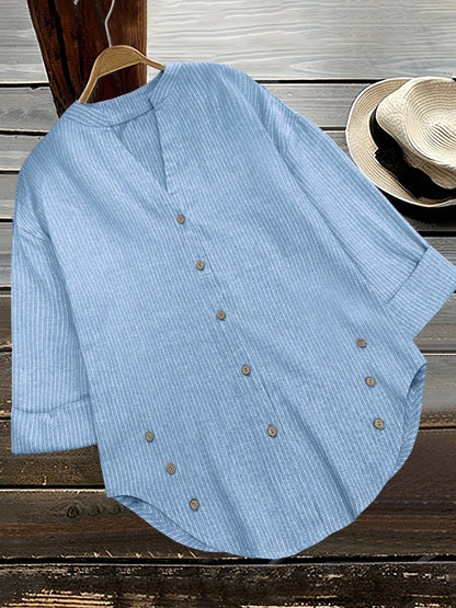 Striped Notched Long Sleeve Blouse - Cowaa