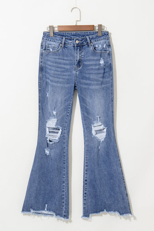 Dusk Blue High Rise Ripped Distressed Hem Flared Jeans - Cowaa