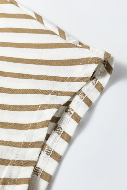 Khaki Stripe Leopard Patchwork Round Neck Loose T Shirt - Cowaa