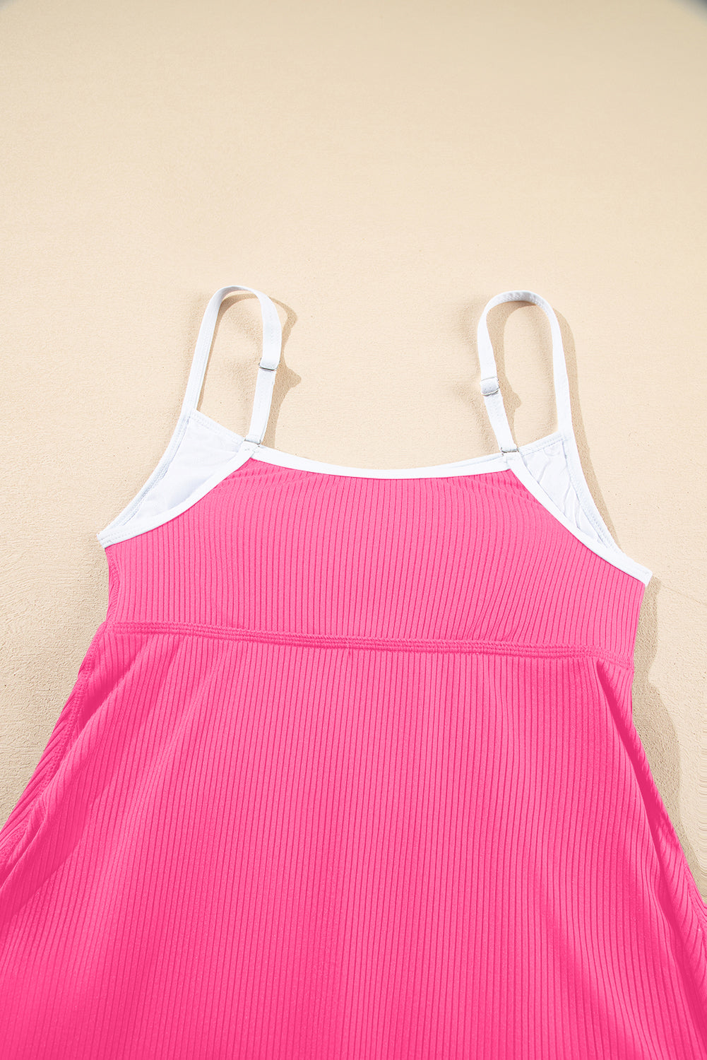 Rose Red Color Block Edge Ribbed Pocketed Lined Swim Dress