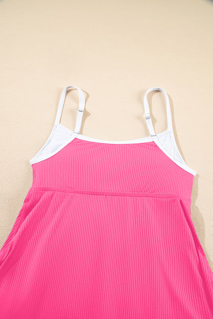 Rose Red Color Block Edge Ribbed Pocketed Lined Swim Dress