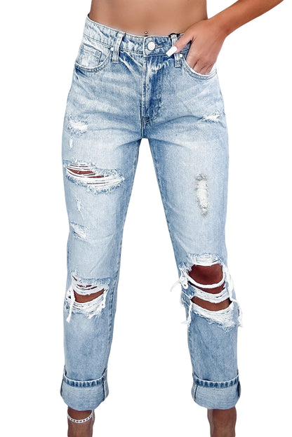 Sky Blue Light Wash Frayed Slim Fit High Waist Jeans - Cowaa