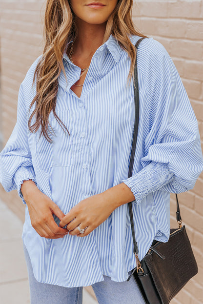 Black Striped Casual Shirred Cuffs Shirt - Cowaa