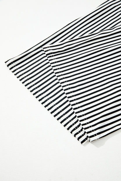 Black Stripe Tied High Waist Loose Straight Casual Pants - Cowaa