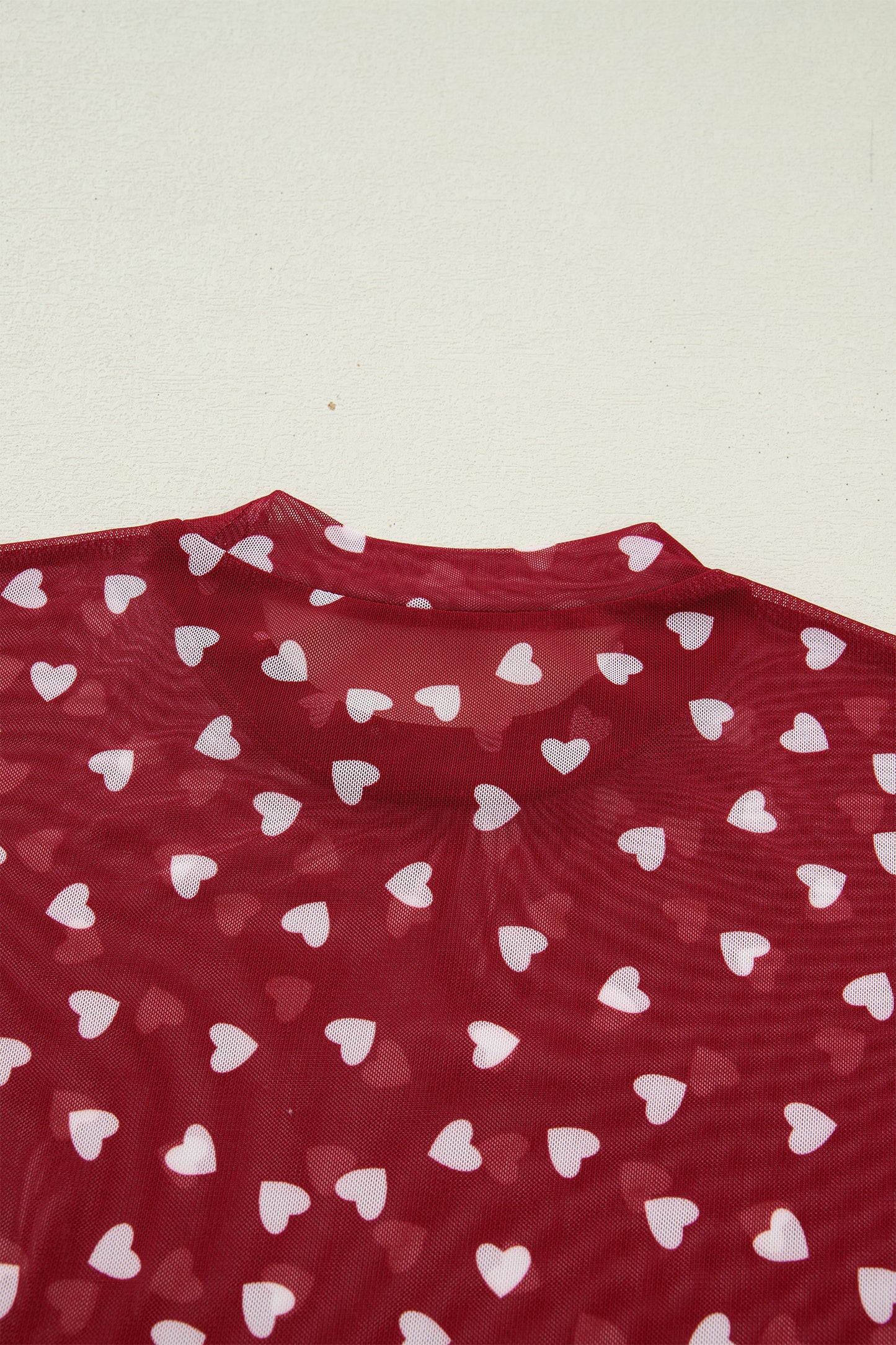 Racing Red Allover Heart Print Mesh Short Sleeve Top - Cowaa