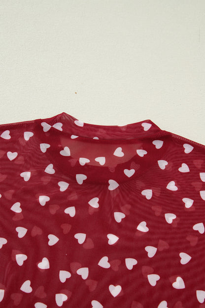 Racing Red Allover Heart Print Mesh Short Sleeve Top - Cowaa