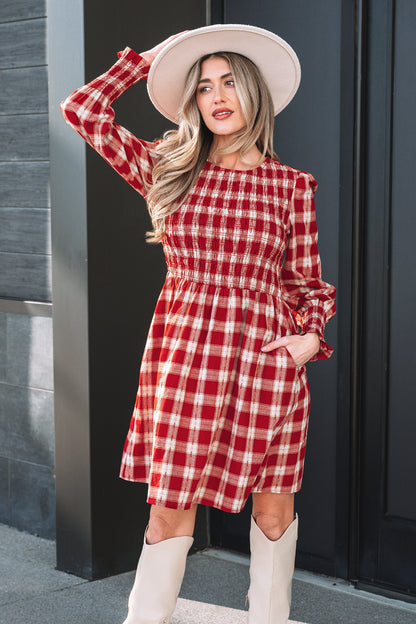 Red Plaid Print Smocked Puff Sleeve Mini Dress - Cowaa