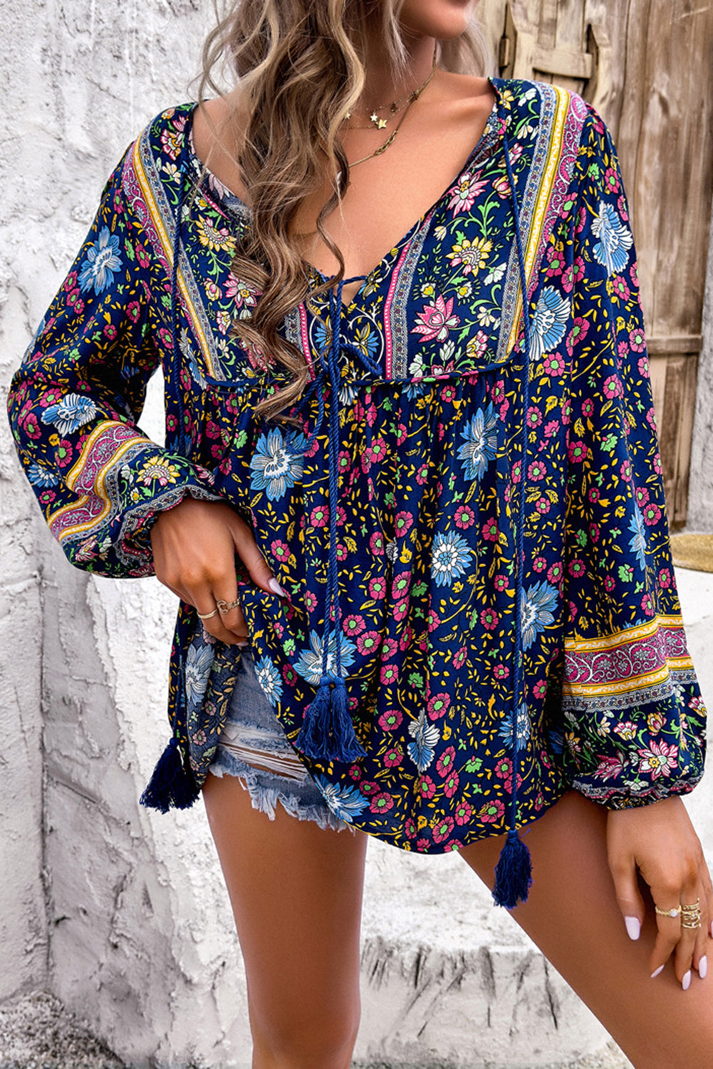 Blue Bohemian Floral Print Tassel Tie Front Long Sleeve Blouse - Cowaa