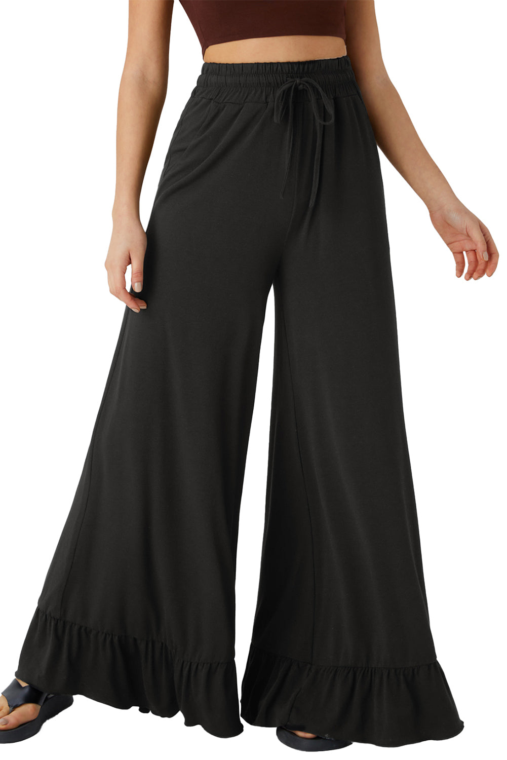 Dune Solid Color Ruffle Hem Wide Leg Pants - Cowaa