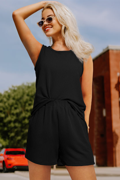Medium Grey Corded Sleeveless Top and Pocketed Shorts Set - Cowaa
