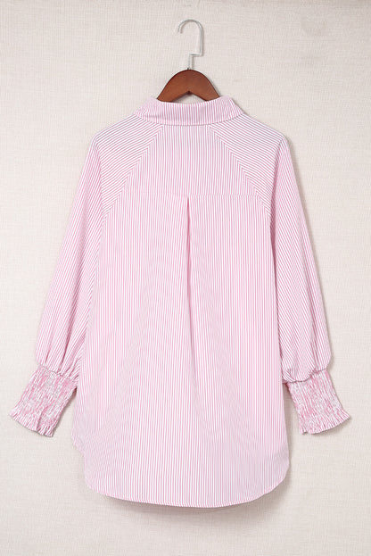 Black Striped Casual Shirred Cuffs Shirt - Cowaa