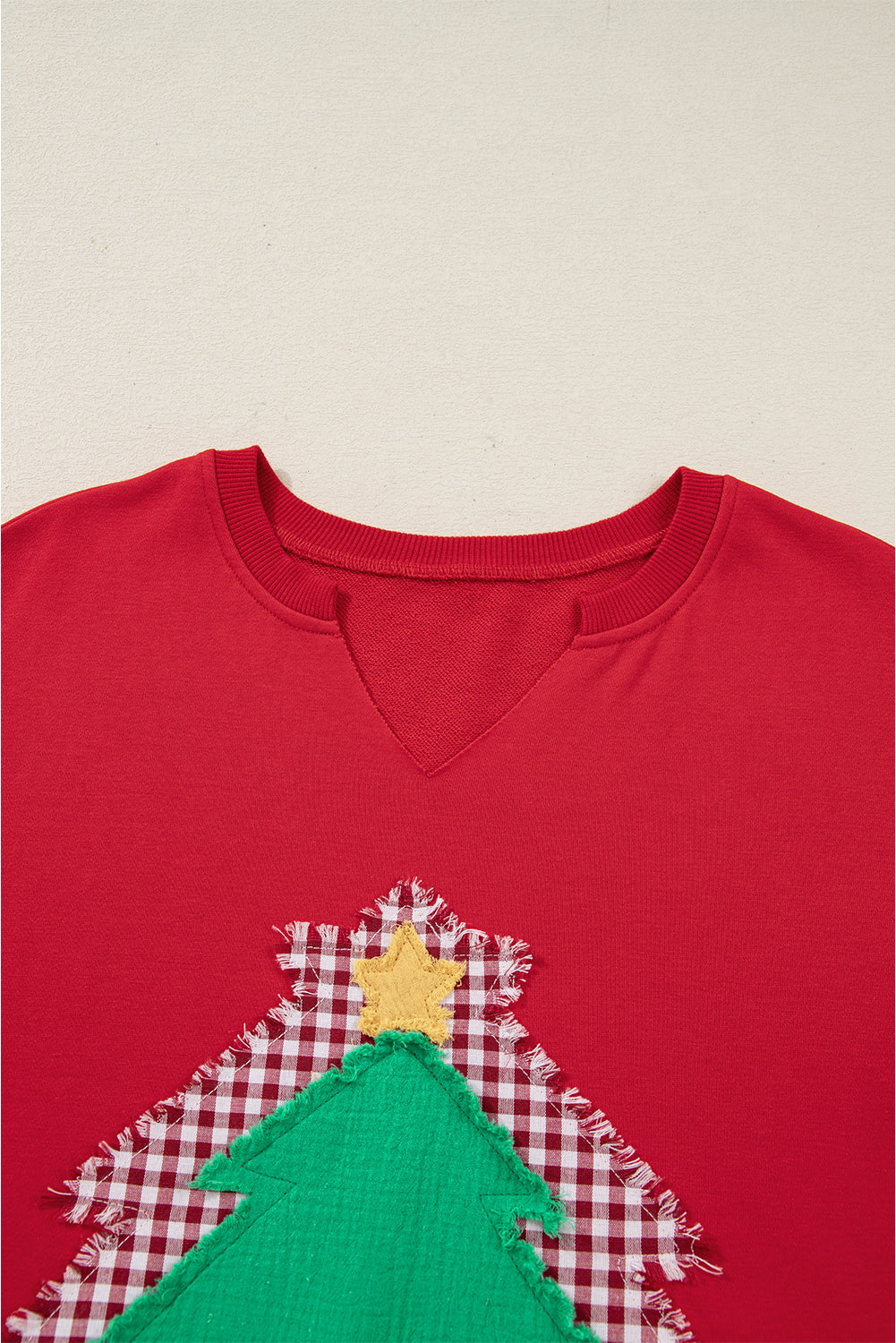 Fiery Red Plaid Frayed Double Christmas Tree Patched Drop Shoulder Sweatshirt - Cowaa