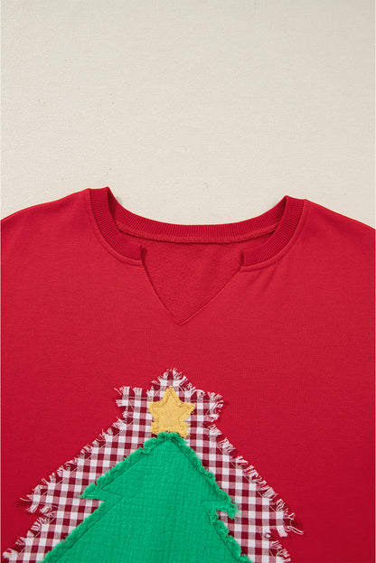 Fiery Red Plaid Frayed Double Christmas Tree Patched Drop Shoulder Sweatshirt - Cowaa