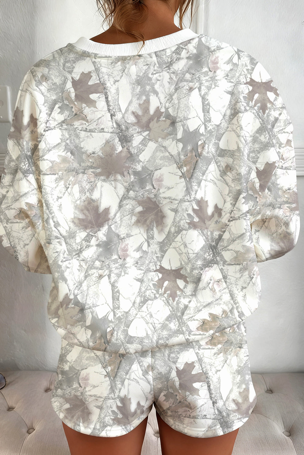 Brown Camouflage Print Round Neck Drop Sleeve Shorts Set - Cowaa