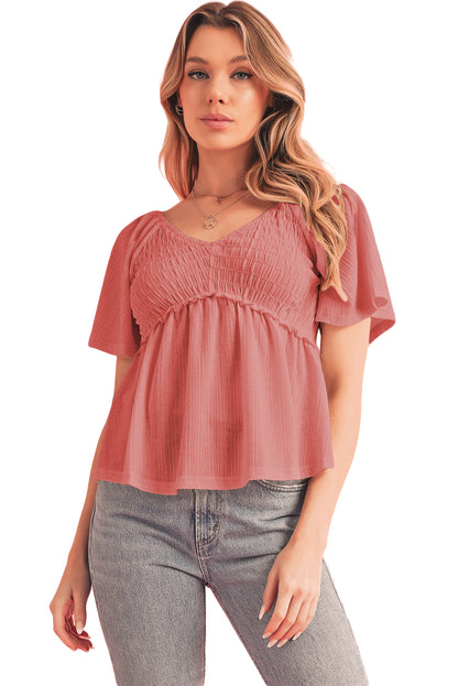 Oatmeal Shirred V Neck Short Flutter Sleeve Textured Blouse - Cowaa