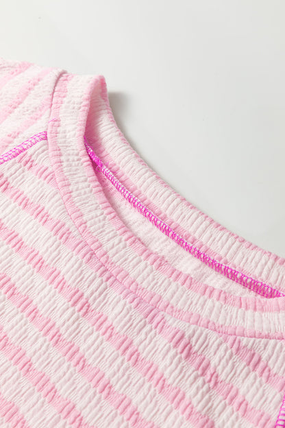 Pink Stripe Textured Knit Split Hem Half Sleeve Loose Top - Cowaa