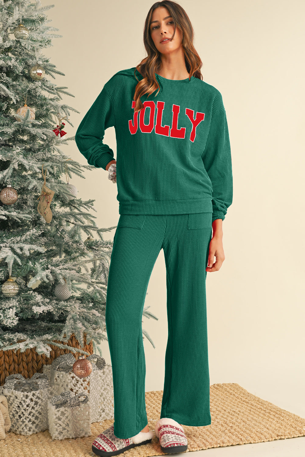 Black Crinkle Rib JOLLY Pattern Long Sleeve Top and Pockets Pants Set - Cowaa