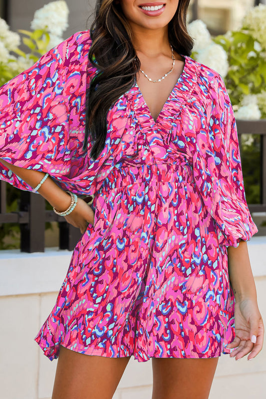 Abstract Print Dolman Sleeve V Neck High Waist Romper