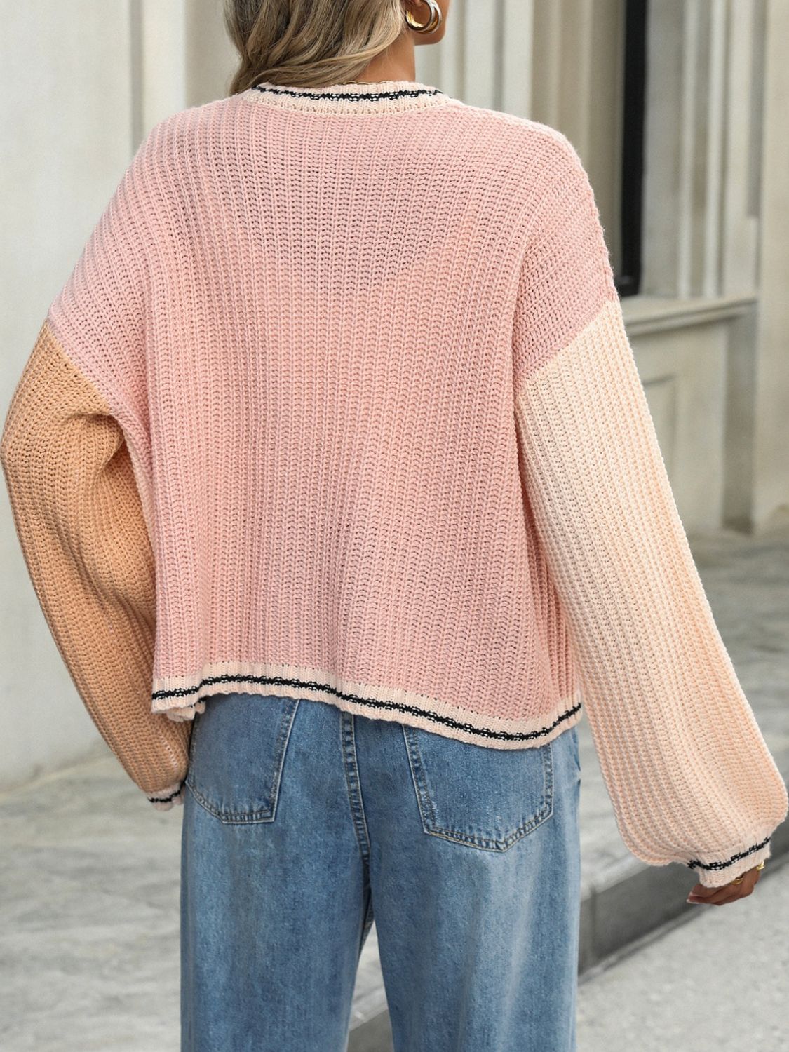 Contrast Open Front Long Sleeve Cardigan - Cowaa