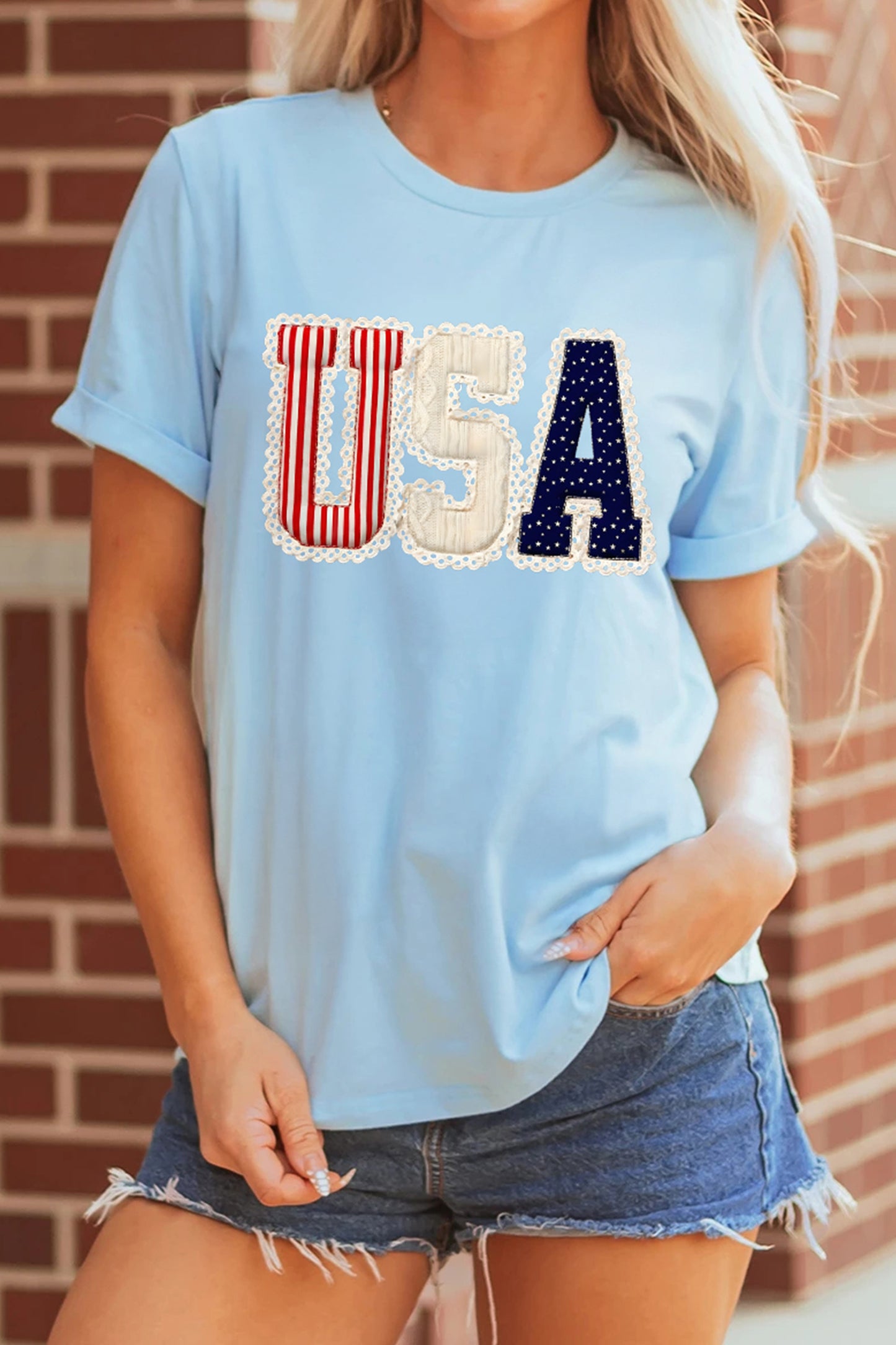 Light Blue USA Patriotic Printed T Shirt - Cowaa
