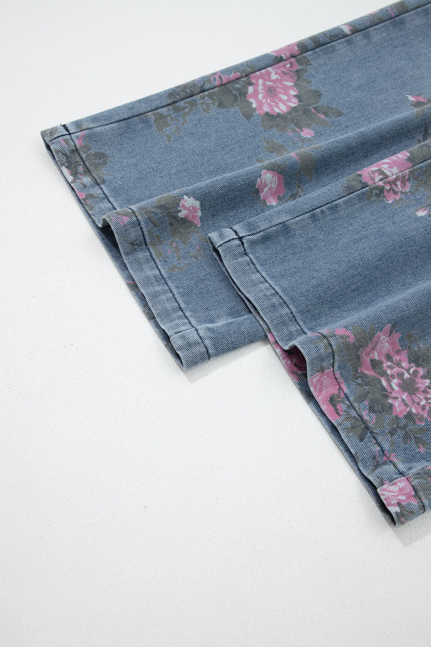 Beau Blue Floral Print Elastic Waist Pull On Casual Jeans - Cowaa