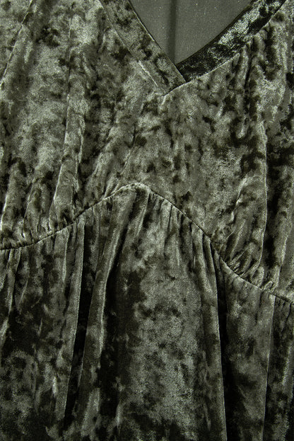 Jungle Green Plus Size Velvet Babydoll Mini Dress with Puff Sleeve - Cowaa