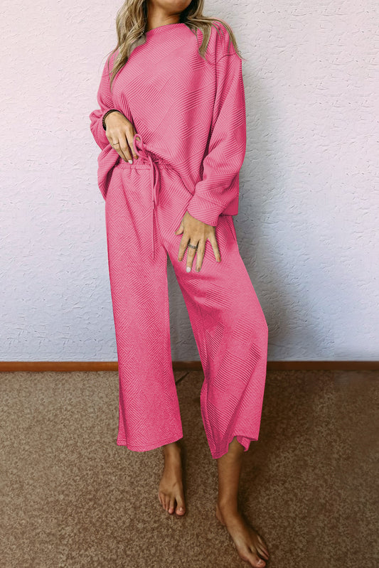 Strawberry Pink Textured Loose Slouchy Long Sleeve Top and Pants Set - Cowaa
