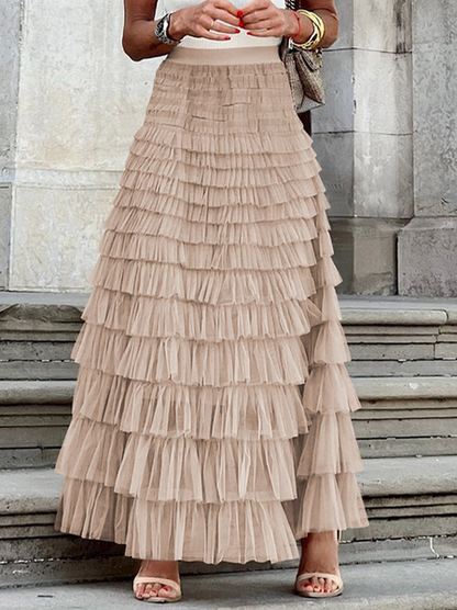 Mesh Flared Layered Hem Midi Skirt High Waist Pleated A Line - Cowaa