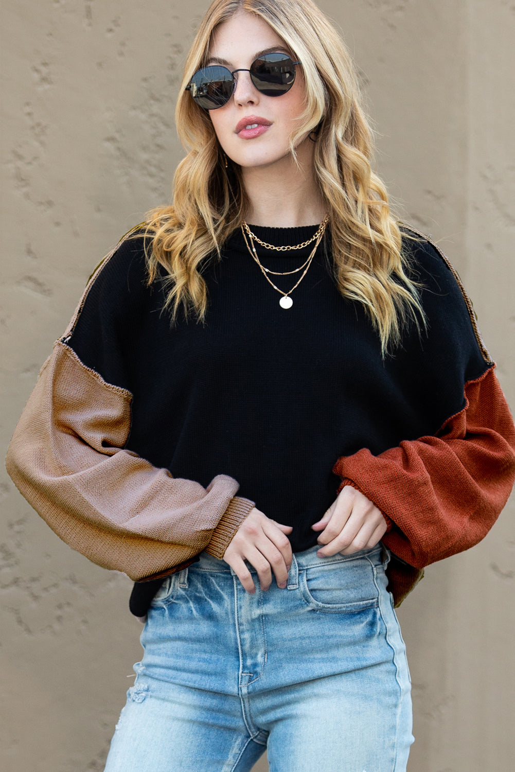 Bishop Sleeve Exposed Seam Ribbed Trim Sweater - Cowaa