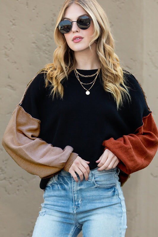 Bishop Sleeve Exposed Seam Ribbed Trim Sweater - Cowaa
