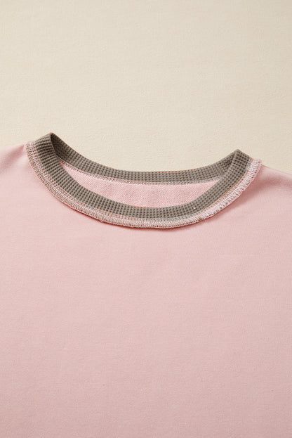 Light Pink Colorblock Waffle Patchwork Oversize Sweatshirt - Cowaa